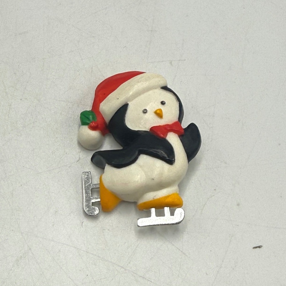Vintage 1983 Hallmark Ice Skating Penguin Christmas Pin Santa Hat Brooch